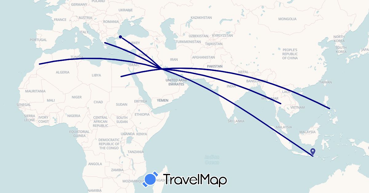 TravelMap itinerary: driving in Egypt, Greece, Indonesia, Kuwait, Morocco, Philippines, Thailand, Turkey (Africa, Asia, Europe)